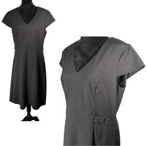 Long Tall Sally Black Midi Dress Belted Short Cap Sleeve V-Neck Classic Tailored